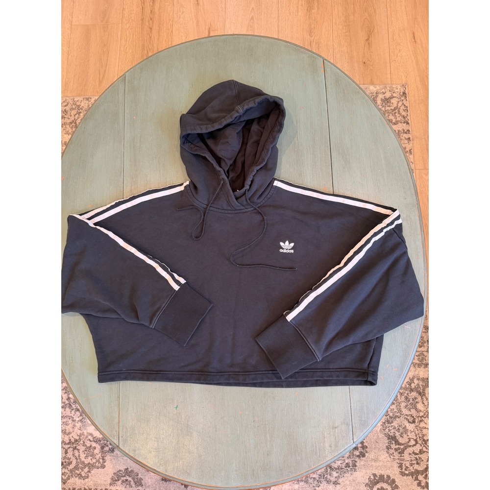 Adidas Originals Womens Cropped Hoodie Black 3-Stripes‎ Trefoil ED7554 Size M